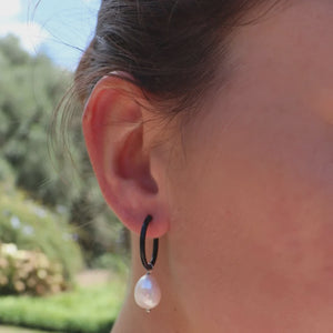 Black  Hoop & Fresh Water Pearl Earrings - Silver