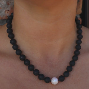 Black Onyx - Fresh Water Pearl & Silver Fob Necklace