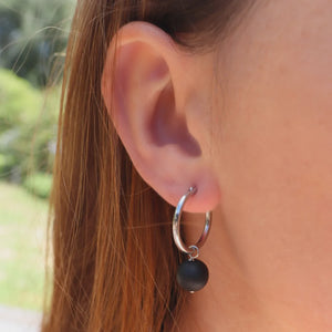 Black Onyx- Silver Hoop Earrings