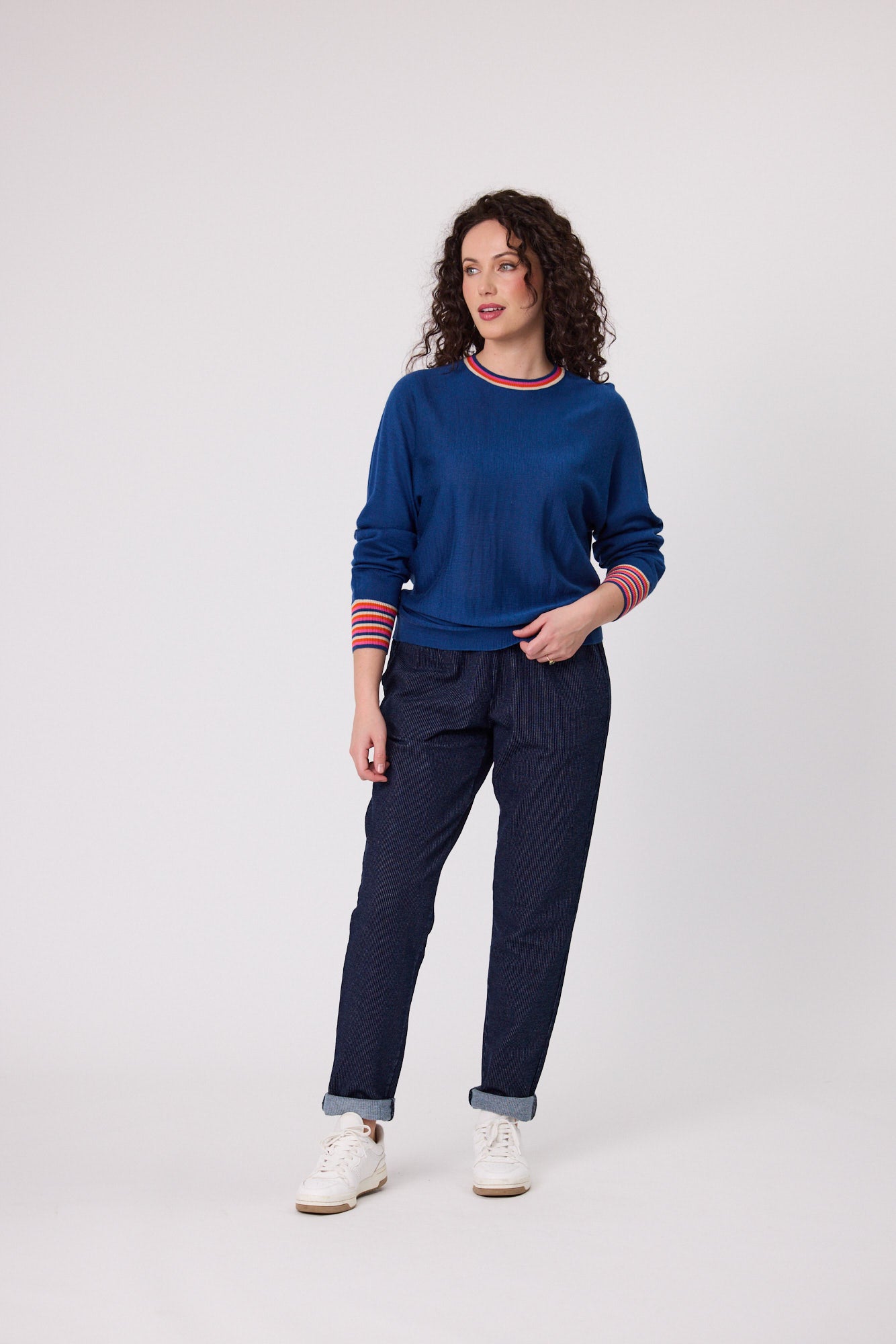 Merino Blend Stripe Trim Jumper - Blue