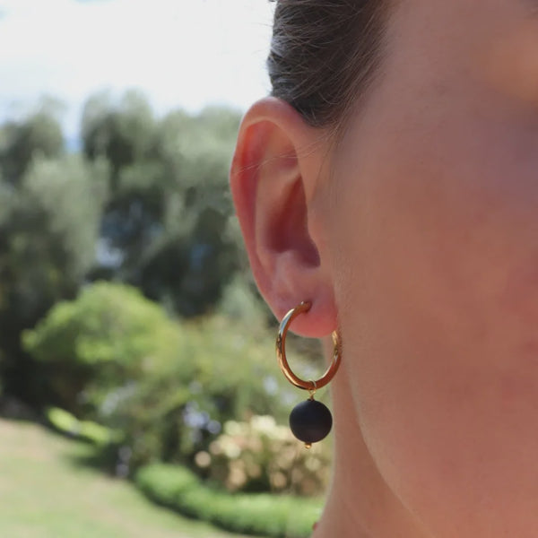 Black Onyx -Yellow Gold Hoop Earrings