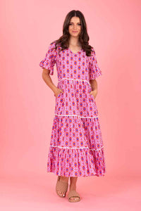 Tyler Midi Dress - Pink Red Print